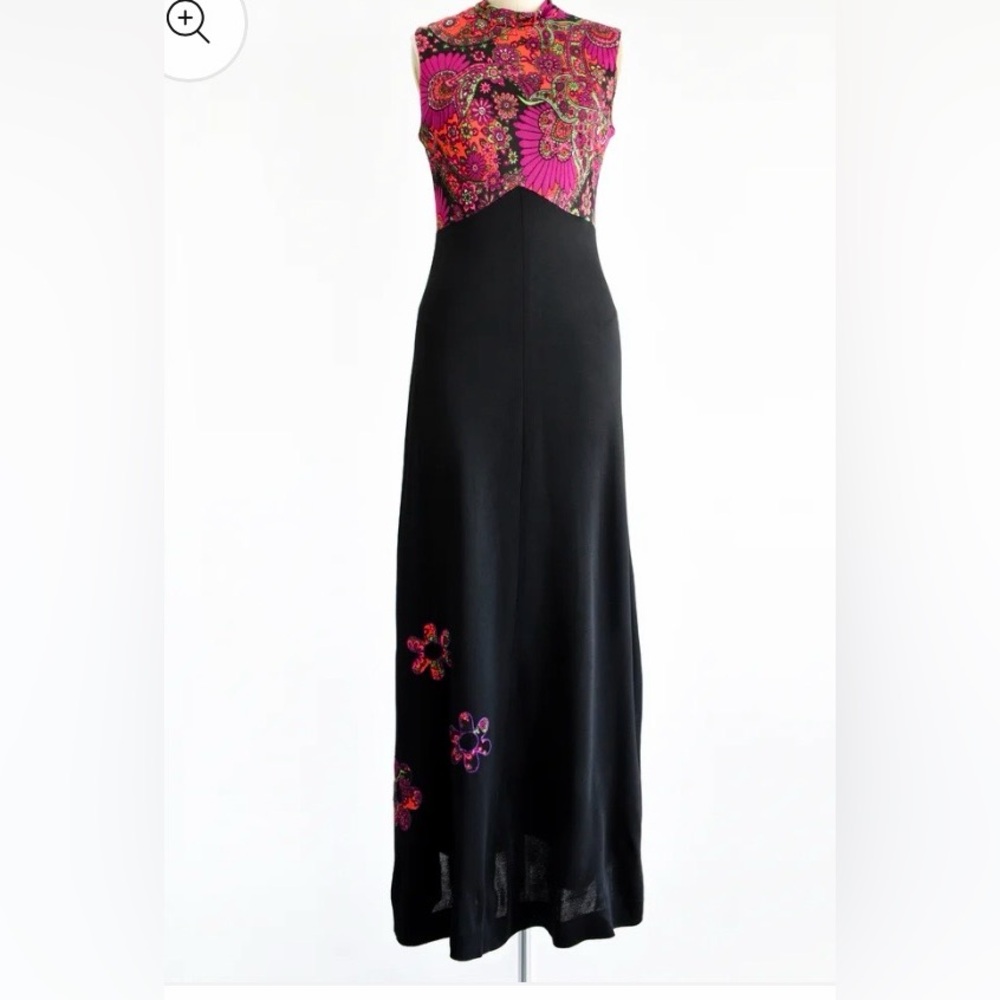 Vintage 1970s Pink & Black Psychedelic Maxi Dress | xs